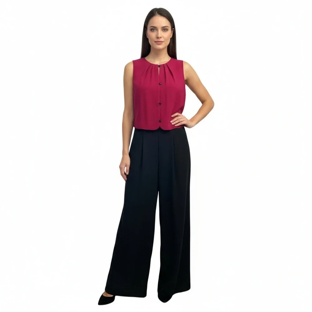 Linea Moda Jumpsuit Size 4 Multicolor Sleeveless‎ Pleated Neck Elegant Chic New